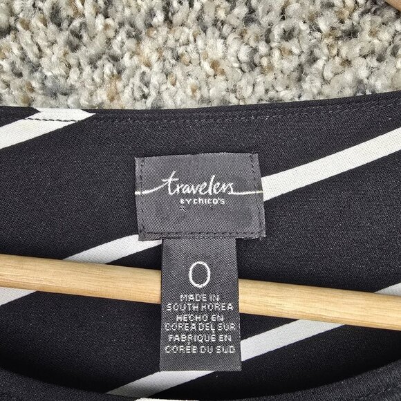 Chicos Travelers Top Womens 0 US Small Black Blue Tunic Scoop Neck Striped - Picture 7 of 7